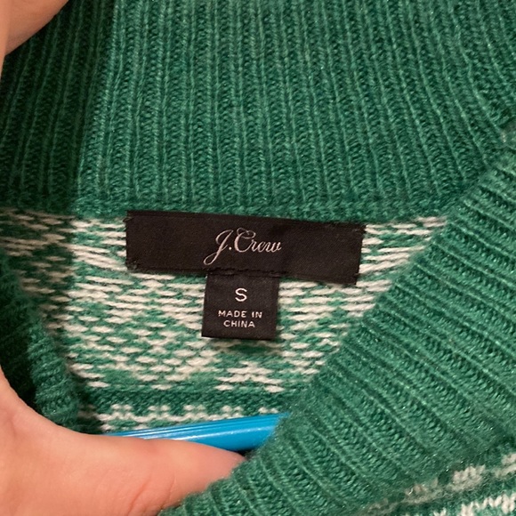 J.Crew Cheerful Fair Isle Sweater SMALL Green Mock Neck Birds Snowflakes NWOT - Picture 2 of 3